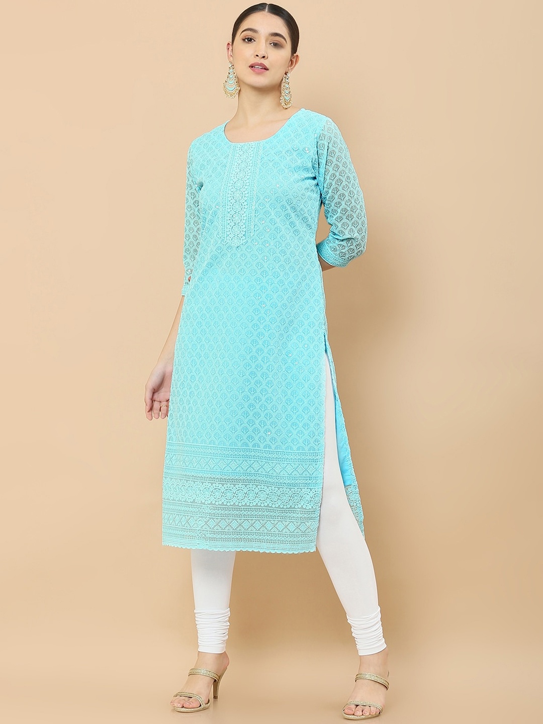 

Soch Women Blue Geometric Flared Sleeves Chikankari Georgette Kurta