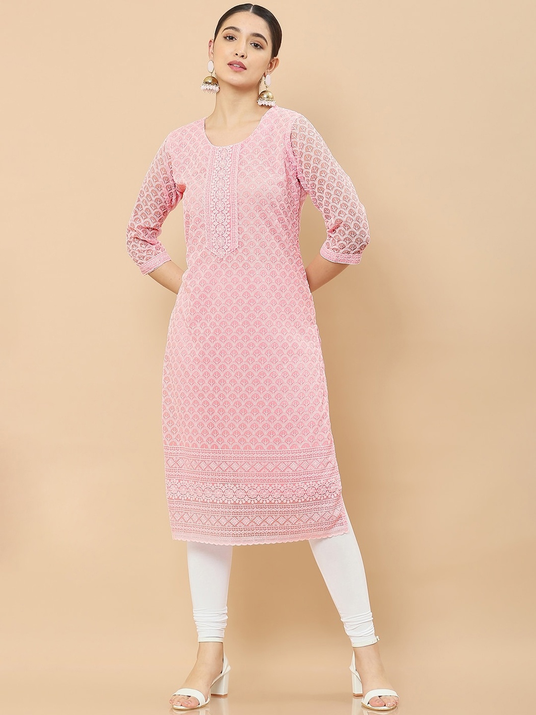 

Soch Women Pink Geometric Keyhole Neck Flared Sleeves Chikankari Georgette Kurta