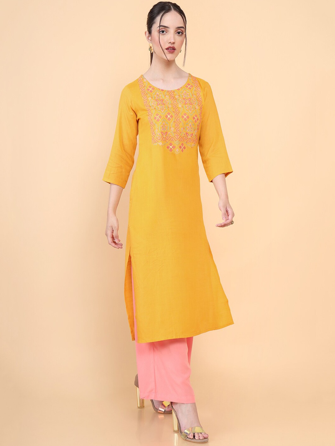 

Soch Women Mustard Yellow Geometric Yoke Design Keyhole Neck Flared Sleeves Mirror Work Kurta