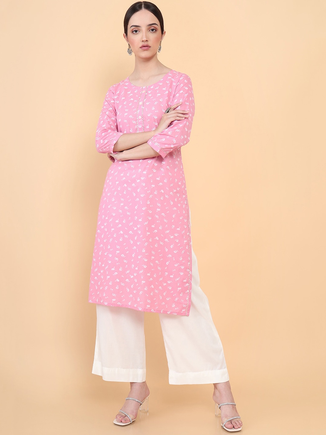 

Soch Women Pink Geometric Flared Sleeves Mirror Work Kurta