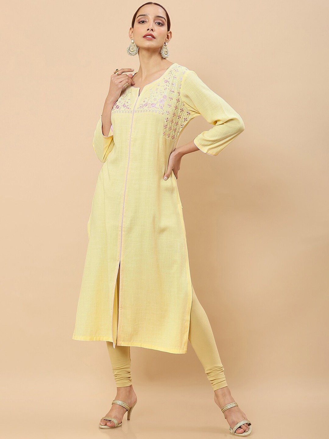 

Soch Women Yellow Embroidered Flared Sleeves Mirror Work Anarkali Kurta