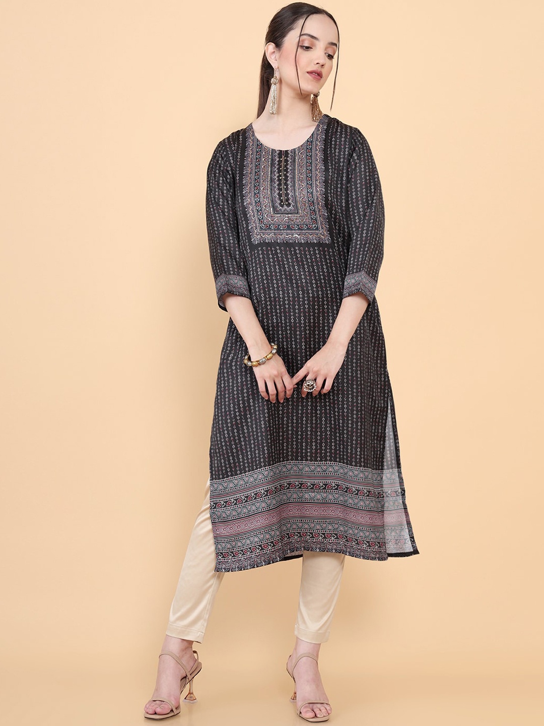 

Soch Women Black Striped Flared Sleeves Thread Work Kurta