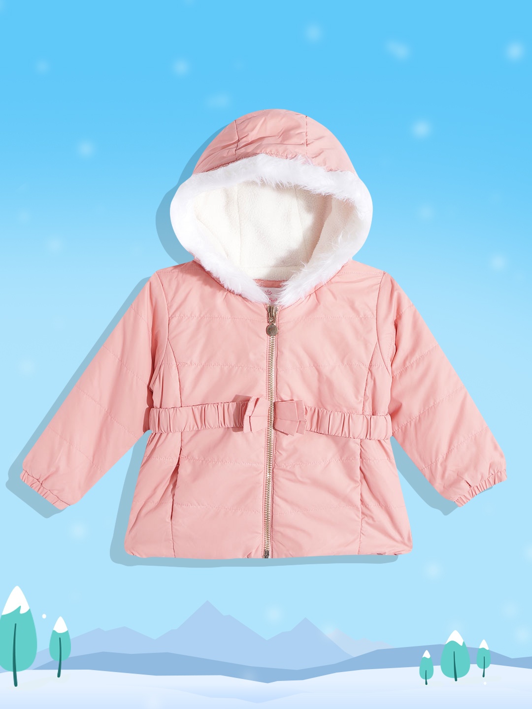 

Wingsfield Girls Peach-Coloured Solid Padded Parka Jacket