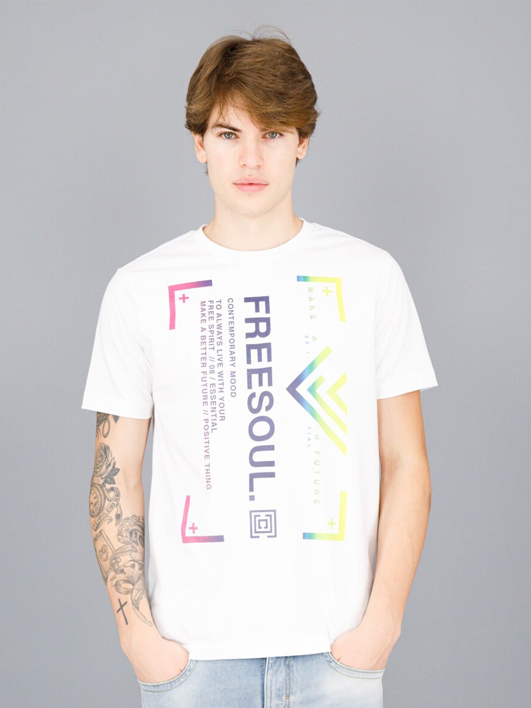 

FREESOUL Men White Typography Printed Pure Cotton T-shirt