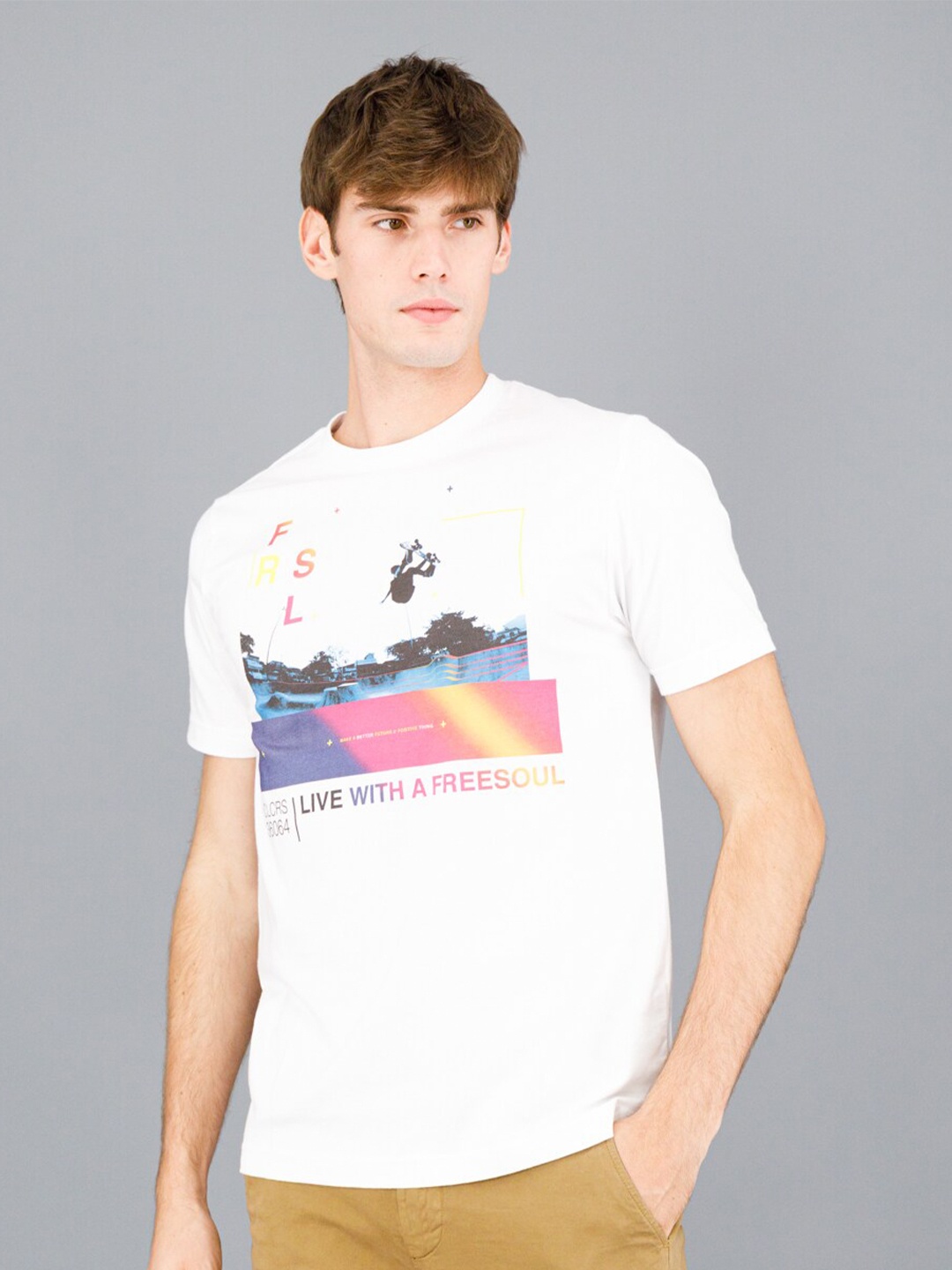 

FREESOUL Men White Printed Pure Cotton T-shirt