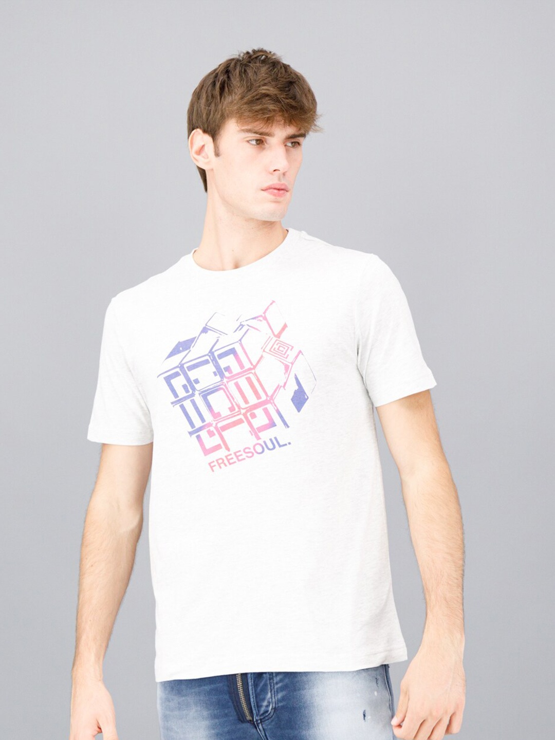 

FREESOUL Men Off White Graphic Printed Round Neck Cotton T-shirt