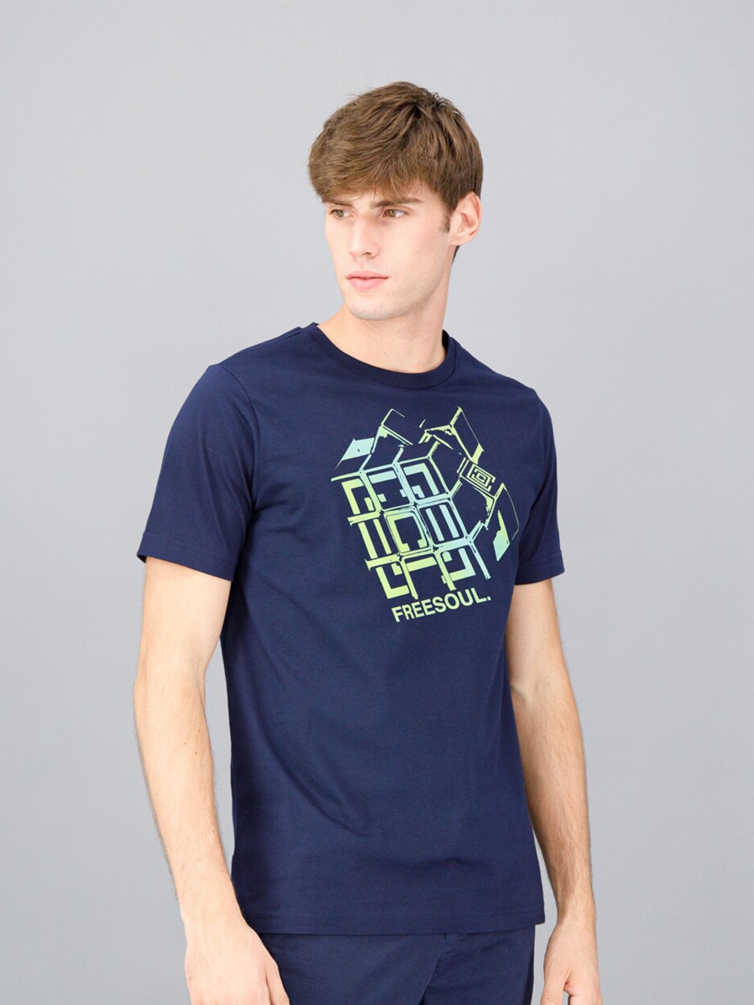 

FREESOUL Men Navy Blue Printed Pure Cotton T-shirt