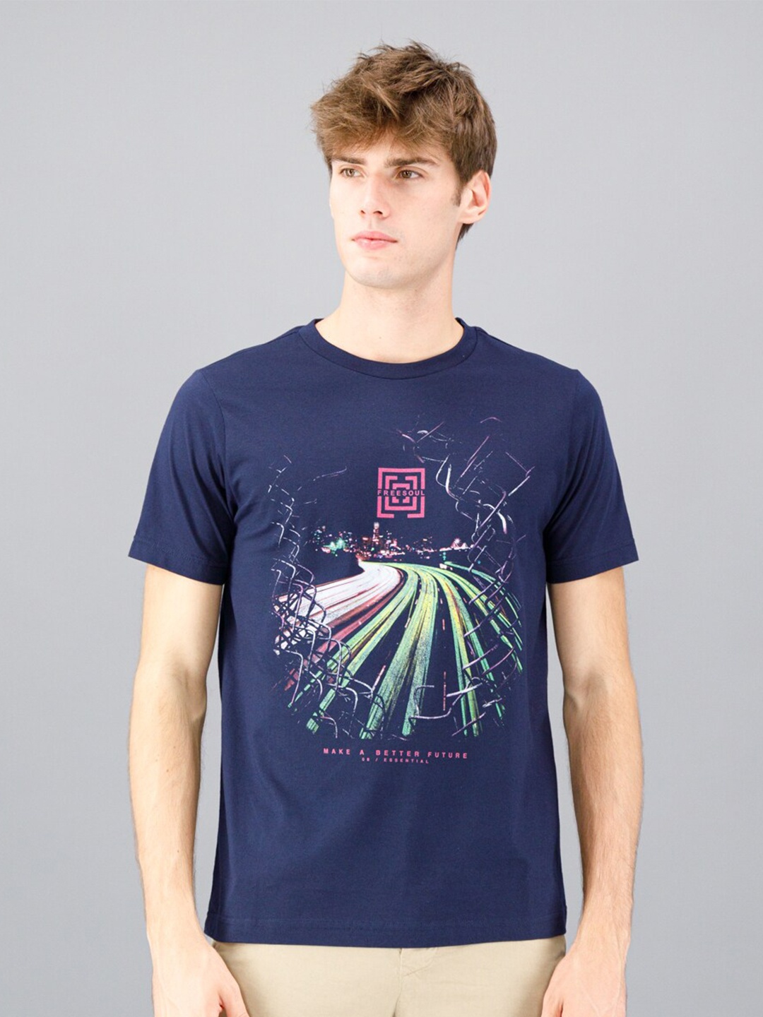 

FREESOUL Men Navy Blue Brand Logo Printed Pure Cotton T-shirt