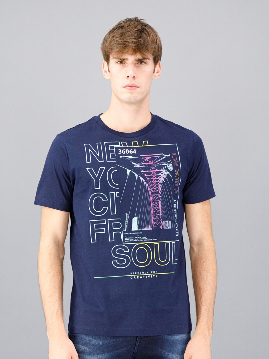 

FREESOUL Men Navy Blue & Pink Typography Printed Pure Cotton T-shirt