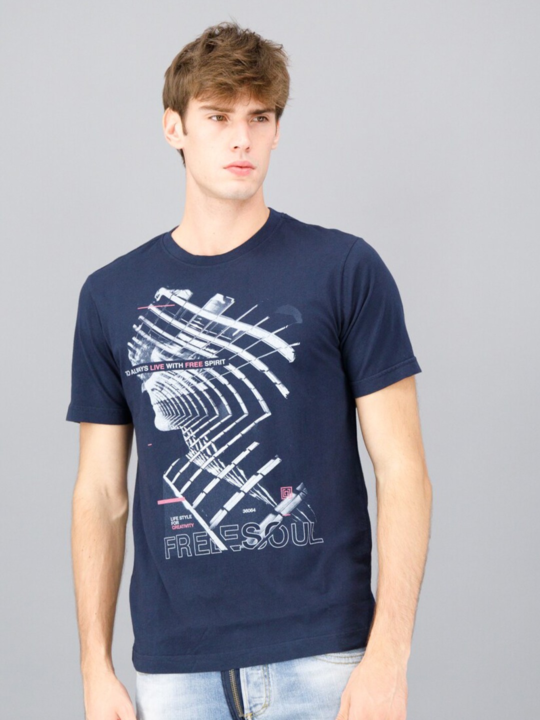 

FREESOUL Men Blue & Grey Typography Printed T-shirt