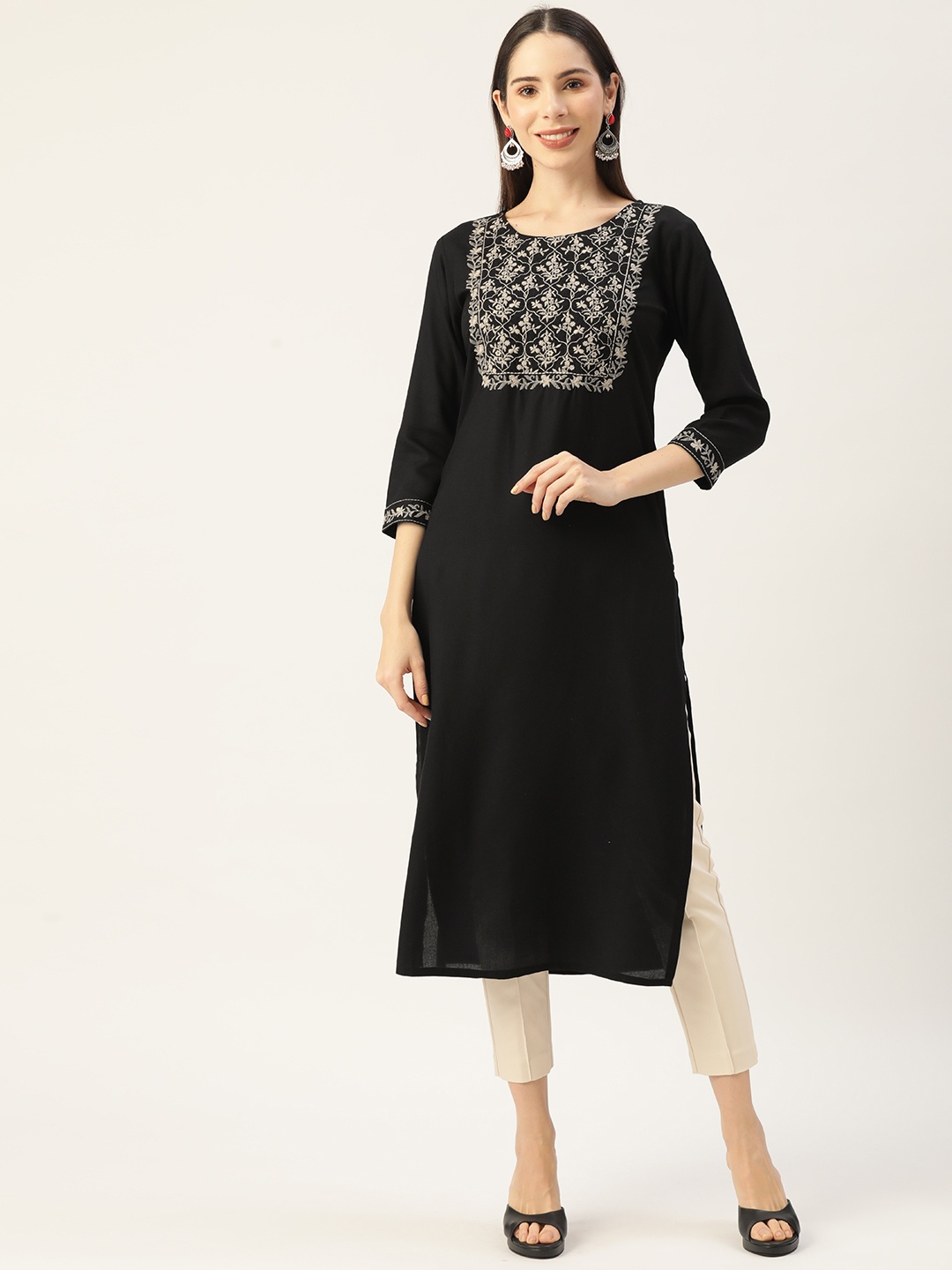 

MissKurti Women Black Ethnic Motifs Embroidered Calf Length Kurta