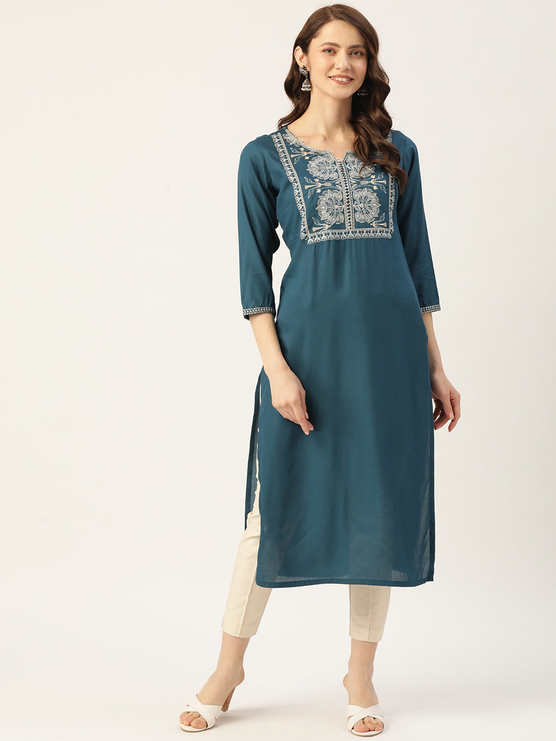 

MissKurti Women Teal Ethnic Motifs Embroidered Kurta