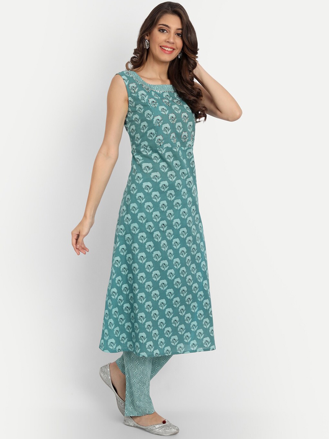 

Haute and Humble Women Green Ethnic Motifs Printed Kantha Work Pure Cotton Kurta with Palazzos