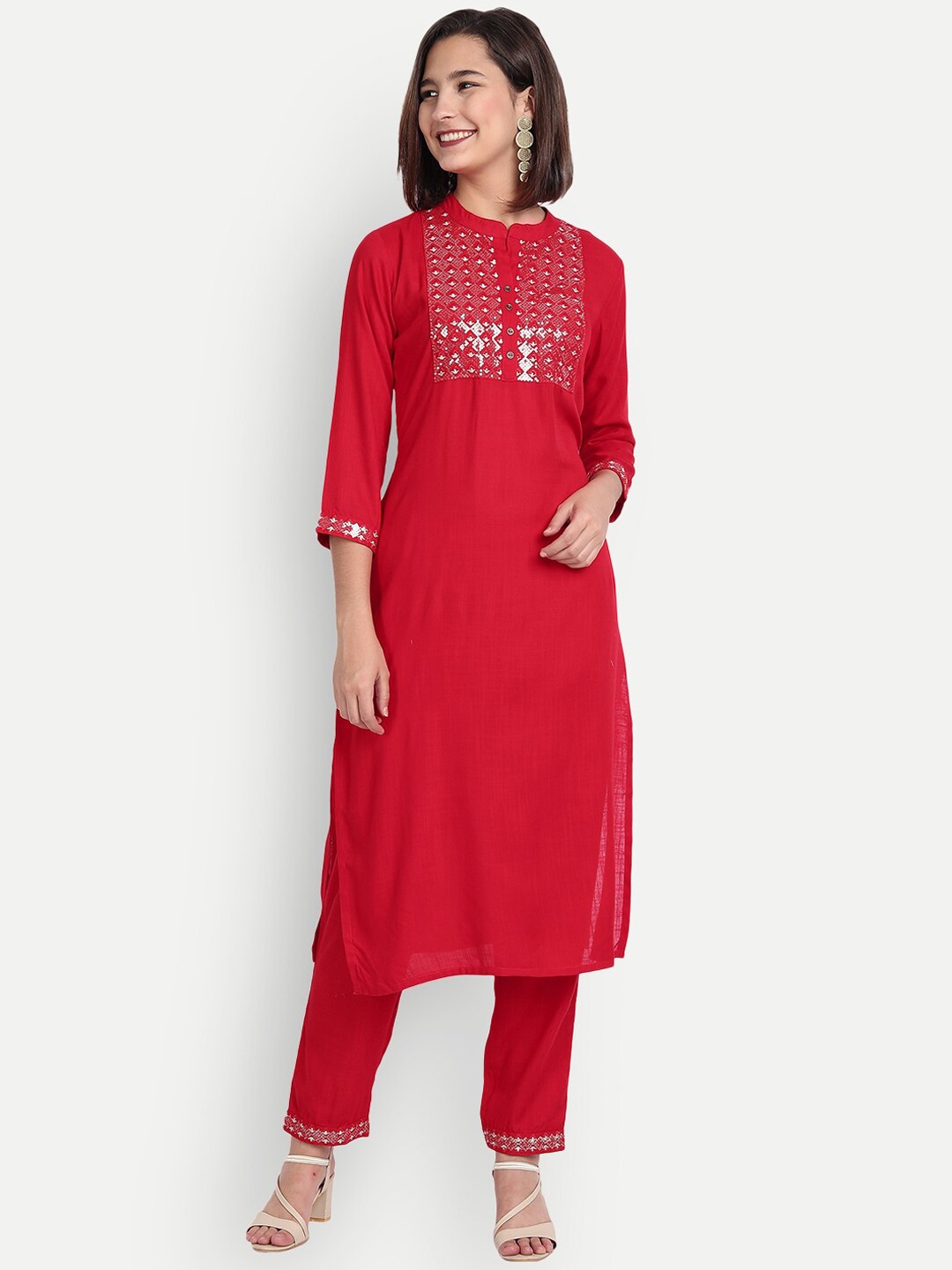 

Haute and Humble Women Yoke Design Sequence Embroidered Kurta with Trousers, Red