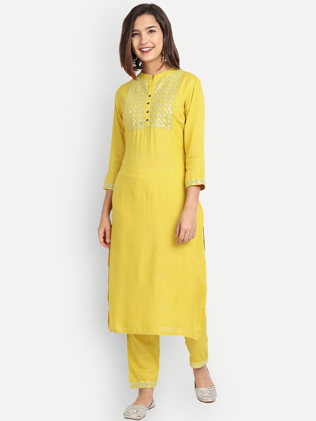 

Haute and Humble Women Yoke Embroidered Sequin Design Kurta with Trousers, Yellow