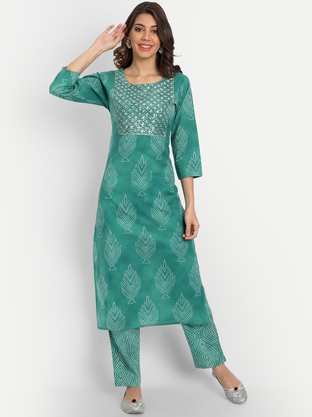 

Haute and Humble Women Turquoise Blue Printed Pure Cotton Kurta with Trousers