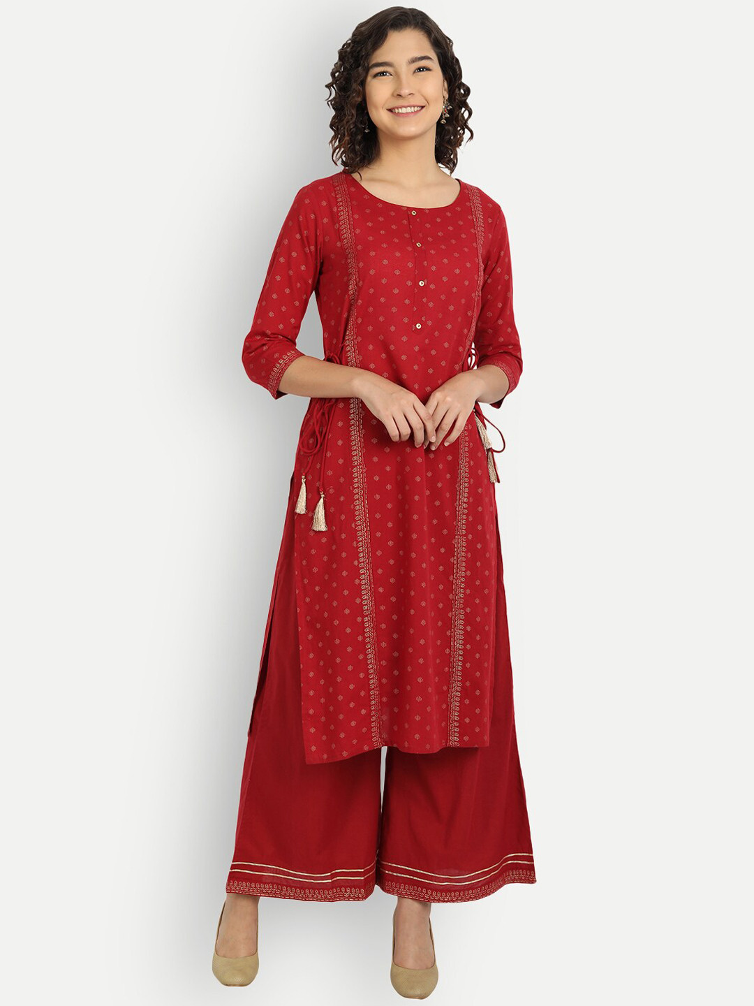 

Haute and Humble Women Maroon Printed Pure Cotton Kurta with Palazzos