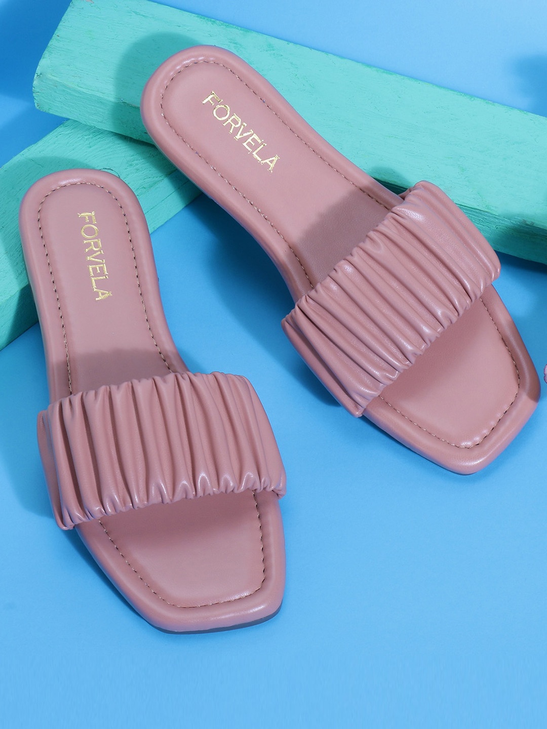 

FORVELA Women Peach-Coloured Striped Open Toe Flats with Bows