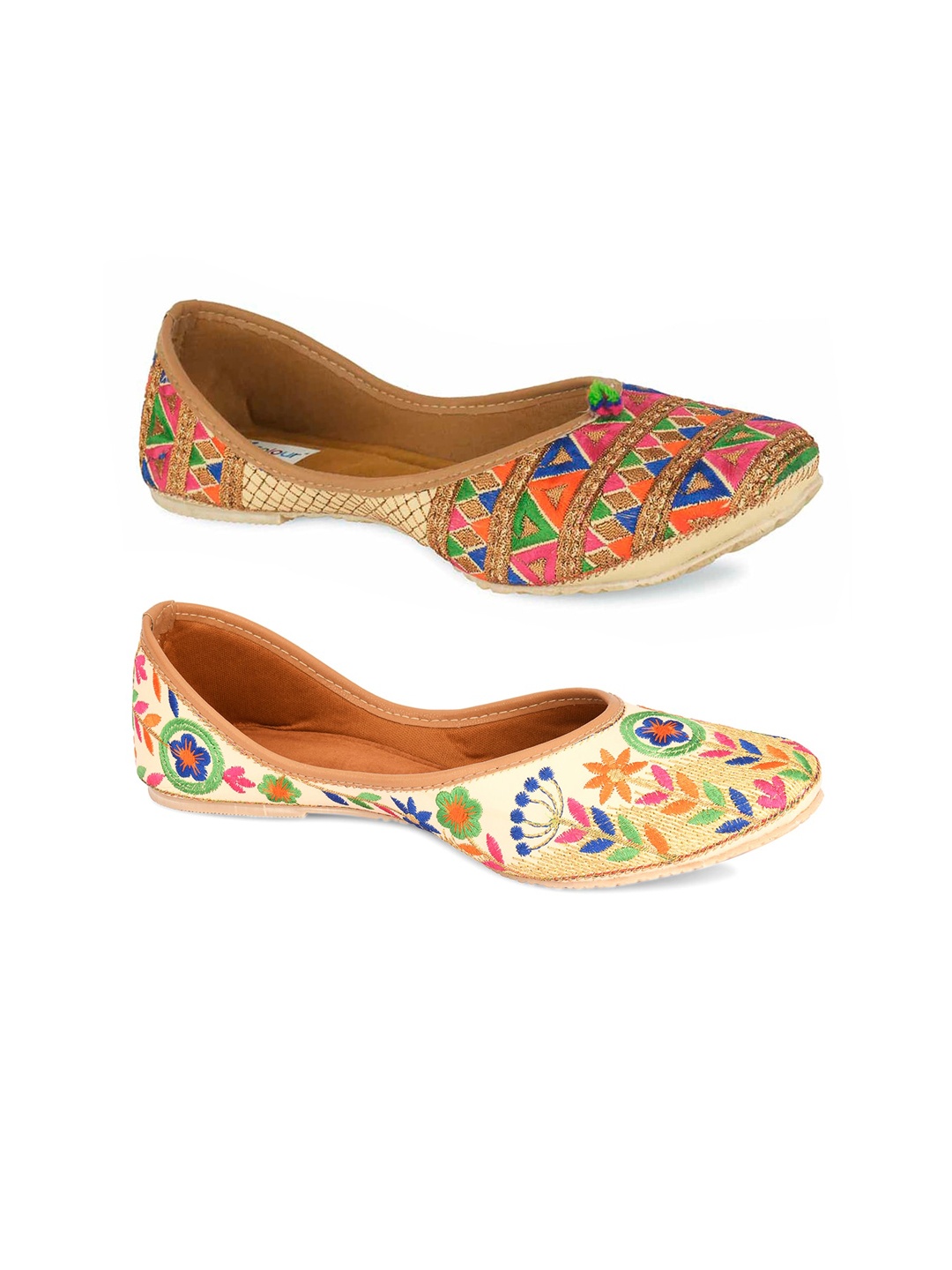 

DESI COLOUR Women Pack Of 2 Printed Ethnic Mojaris with Embroidered Flats, Beige