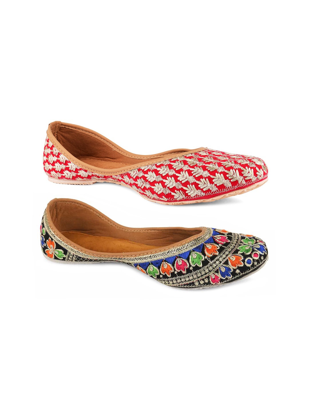 

DESI COLOUR Pack Of 2 Women Embellished Mojaris Flats, Beige