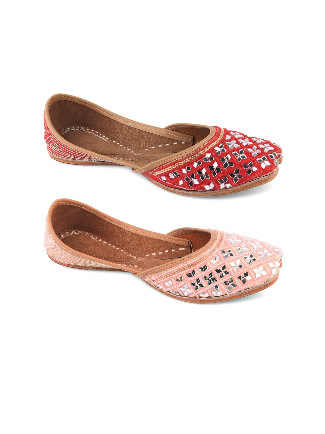 

DESI COLOUR Pack Of 2 Women Embellished Ethnic Mojaris Flats, Red