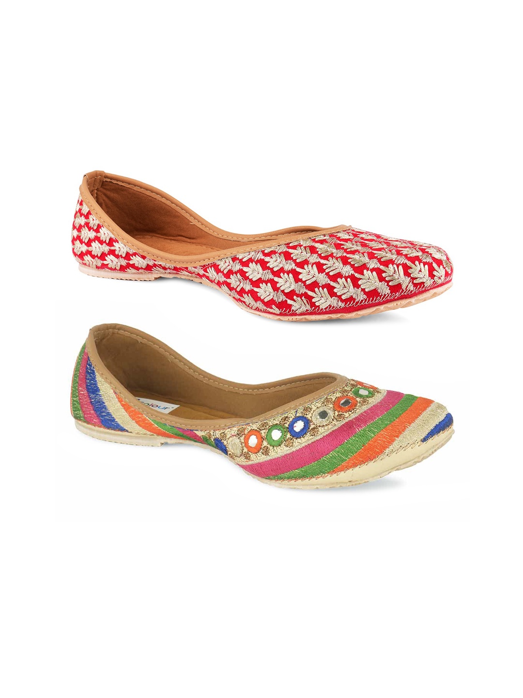 

DESI COLOUR Pack Of 2 Women Embellished Ethnic Mojaris Flats, Red