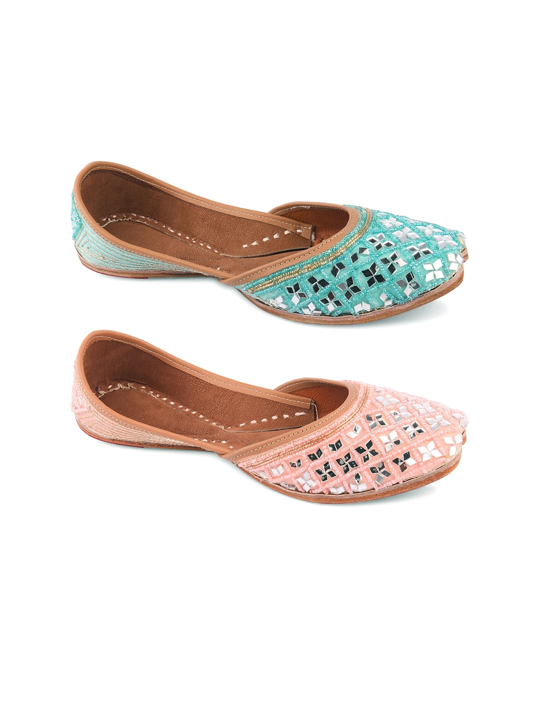 

DESI COLOUR Pack Of 2 Women Embellished Ethnic Mojaris Flats, Blue