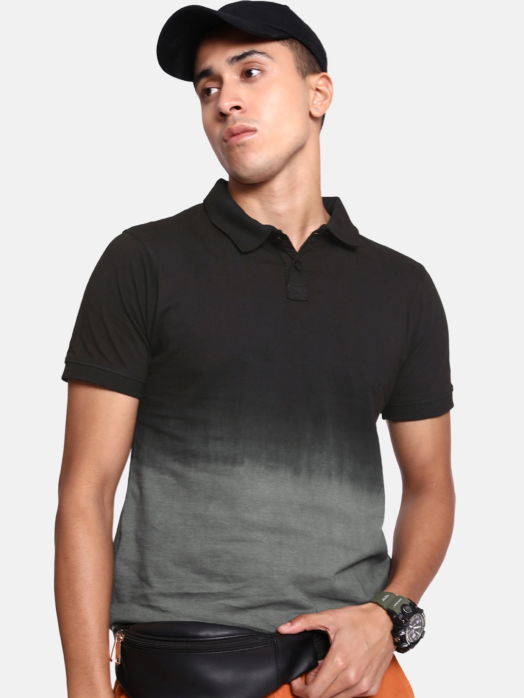 

The Roadster Lifestyle Co. Men Jet Black Ombre Effect Polo Collar Pure Cotton T-shirt