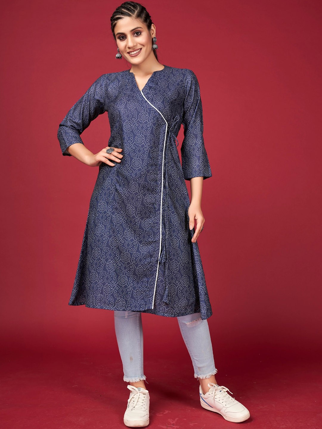 

SHOPGARB Women Blue Bandhani Printed Organic Cotton A-Line Kurta