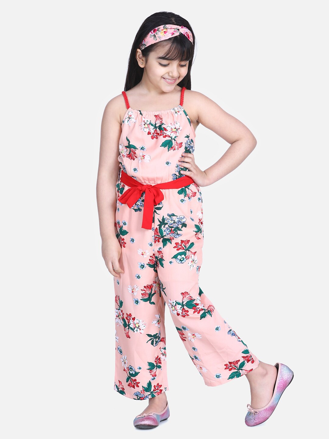 

StyleStone Girls Peach-Coloured & Green Printed Basic Jumpsuit