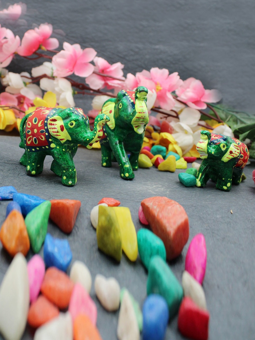 

Fashion Bizz Set Of 3 Green Printed Hathi Showpieces