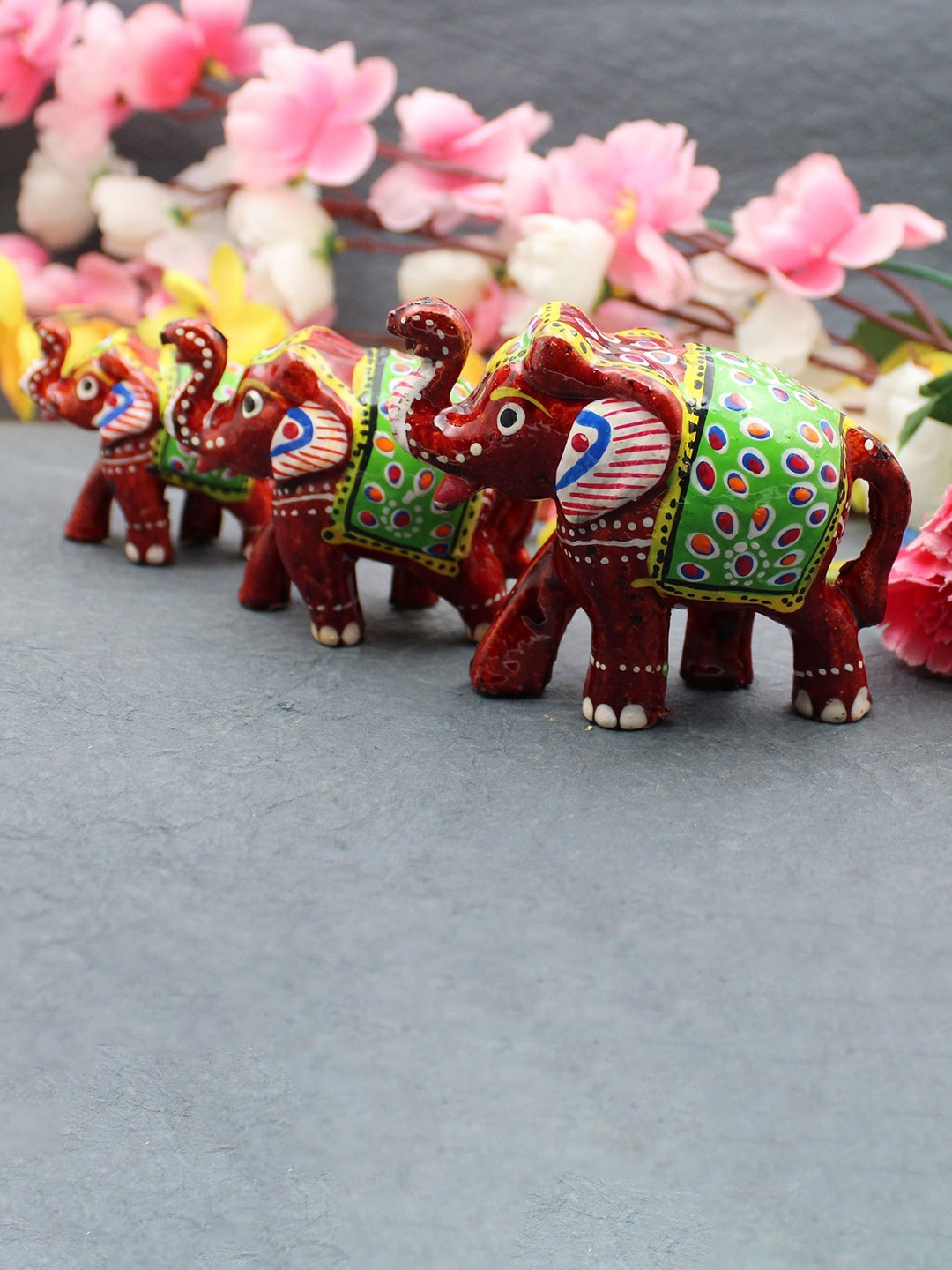 

Fashion Bizz Set of 3 Maroon & Green Printed Elephant Decorative Showpiece