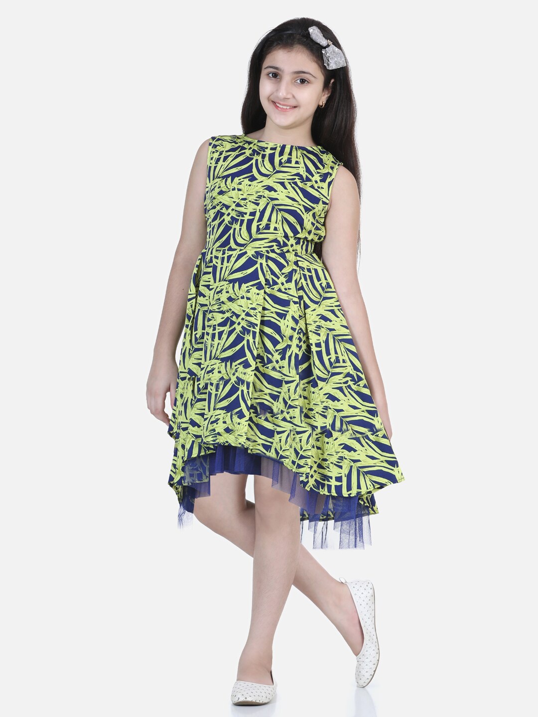 

StyleStone Yellow Printed Net Hi-Lo Dress
