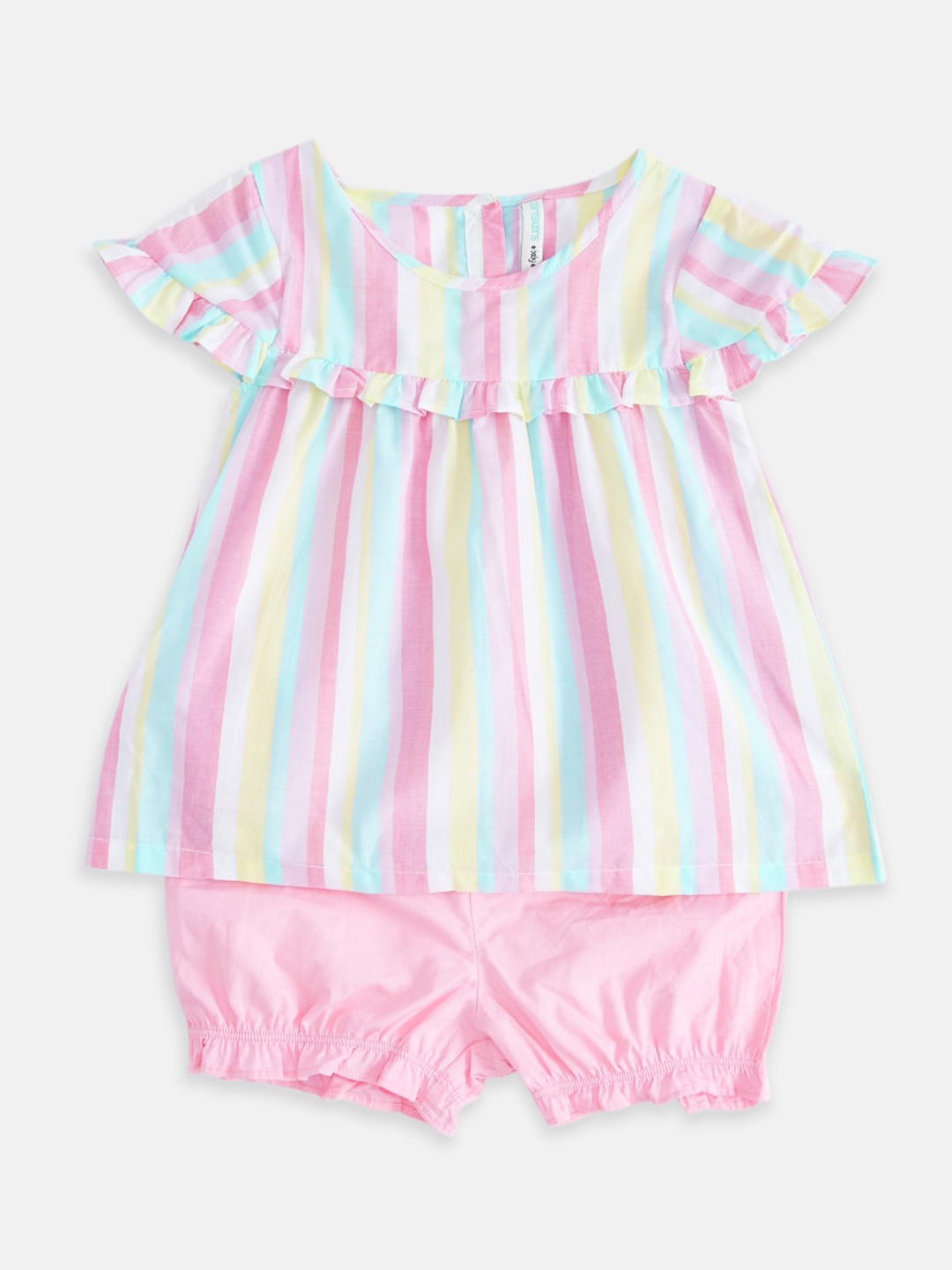 

Pantaloons Baby Girls Printed Pure Cotton Striped Top With Shorts, Pink