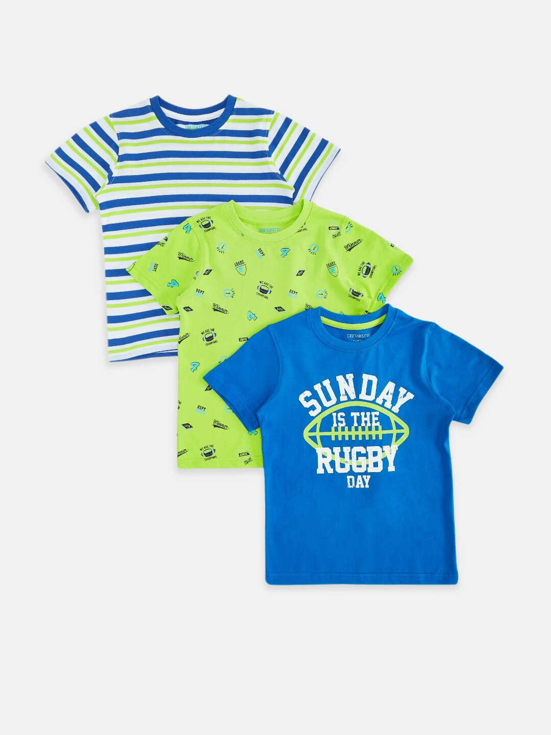 

Pantaloons Junior Boys Blue & Green Pack Of 3 Typography Printed T-shirt