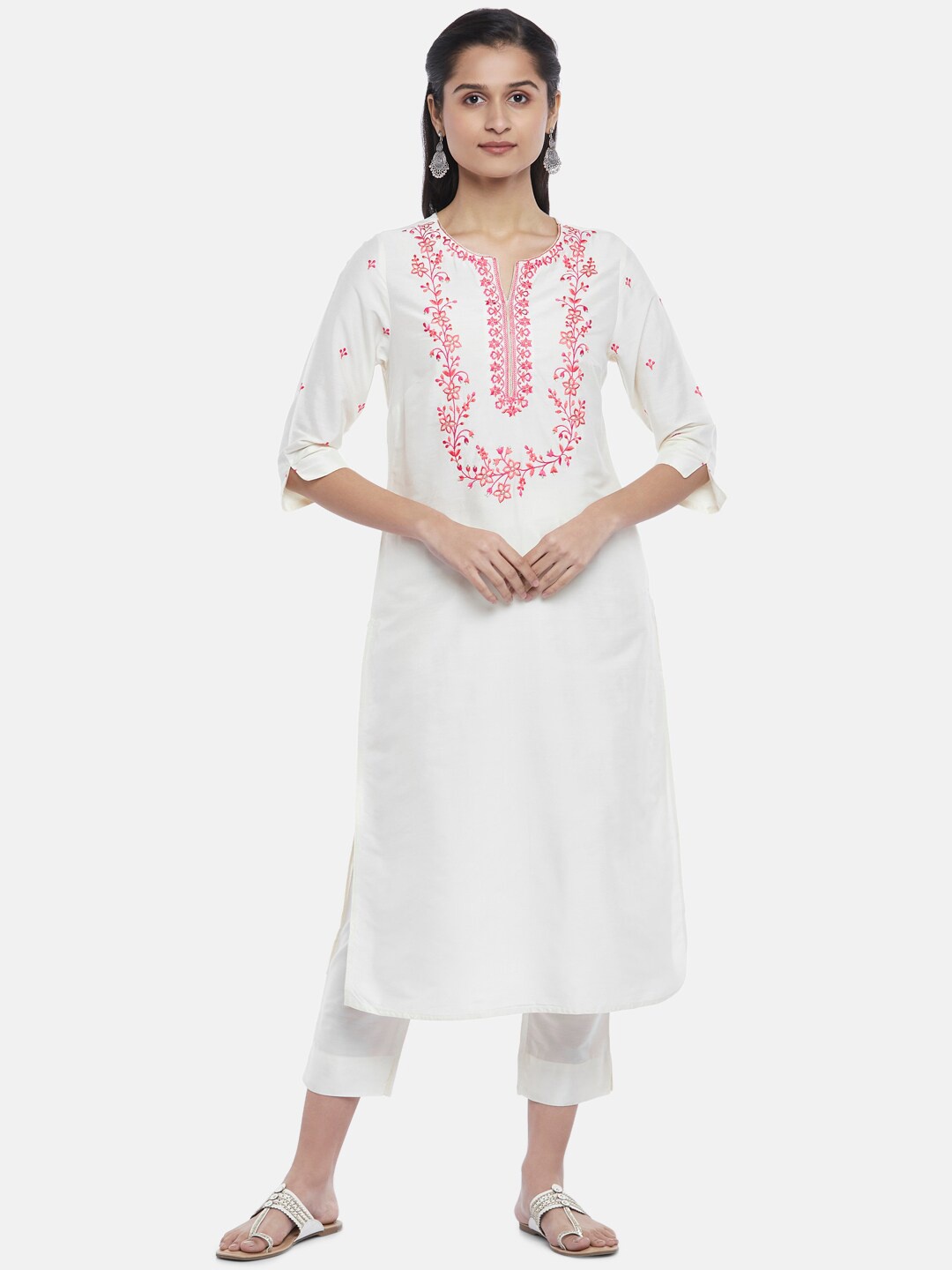 

RANGMANCH BY PANTALOONS Women White Floral Embroidered Kurta with Trousers
