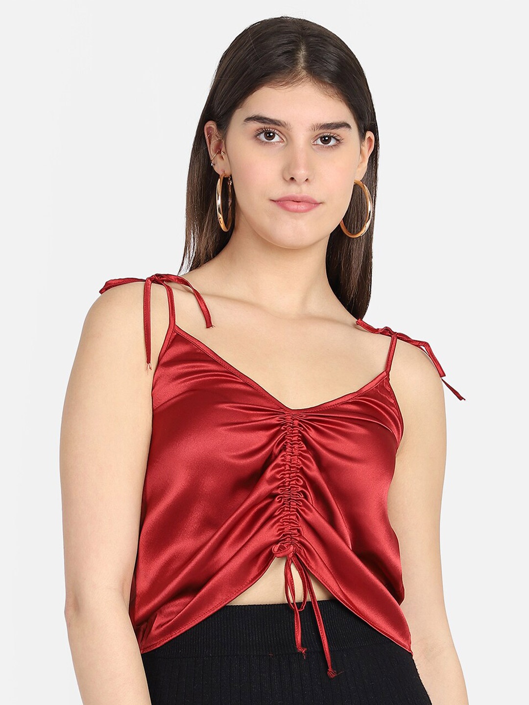 

MARZENI Women Maroon Satin Tie Up Crop Top