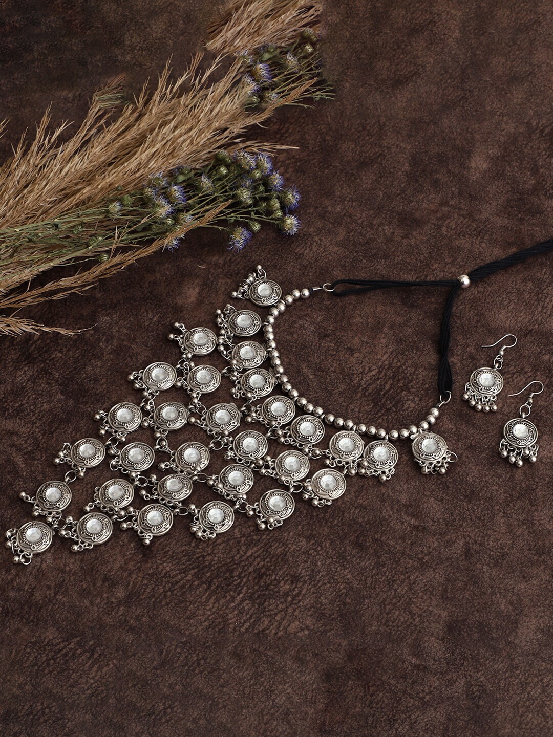 

VENI Silver Toned And Black Silver Plated Stone Studded Oxidized Jewellery Set
