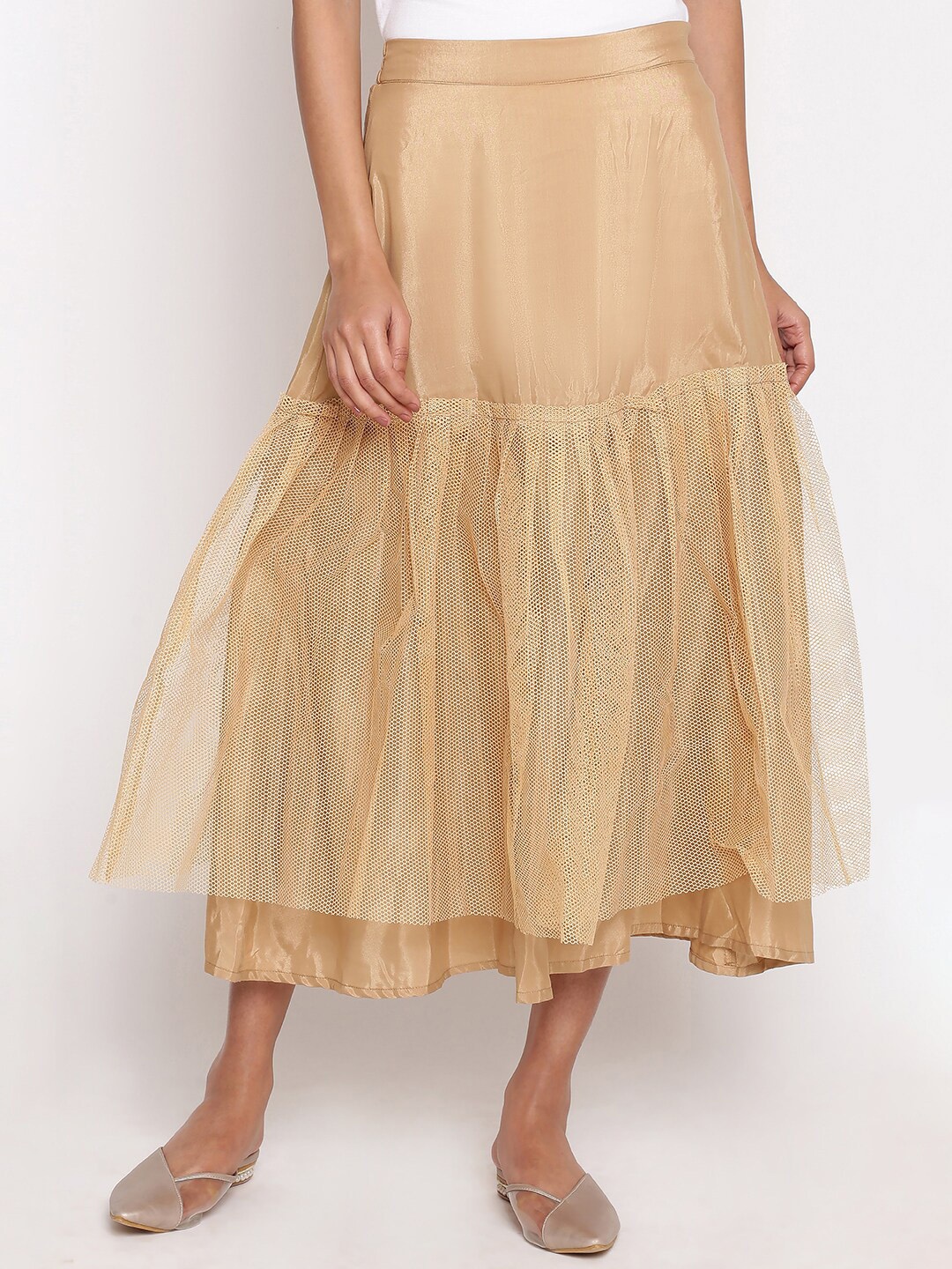 

W Women Golden Solid Midi-Length Flared Skirt, Gold