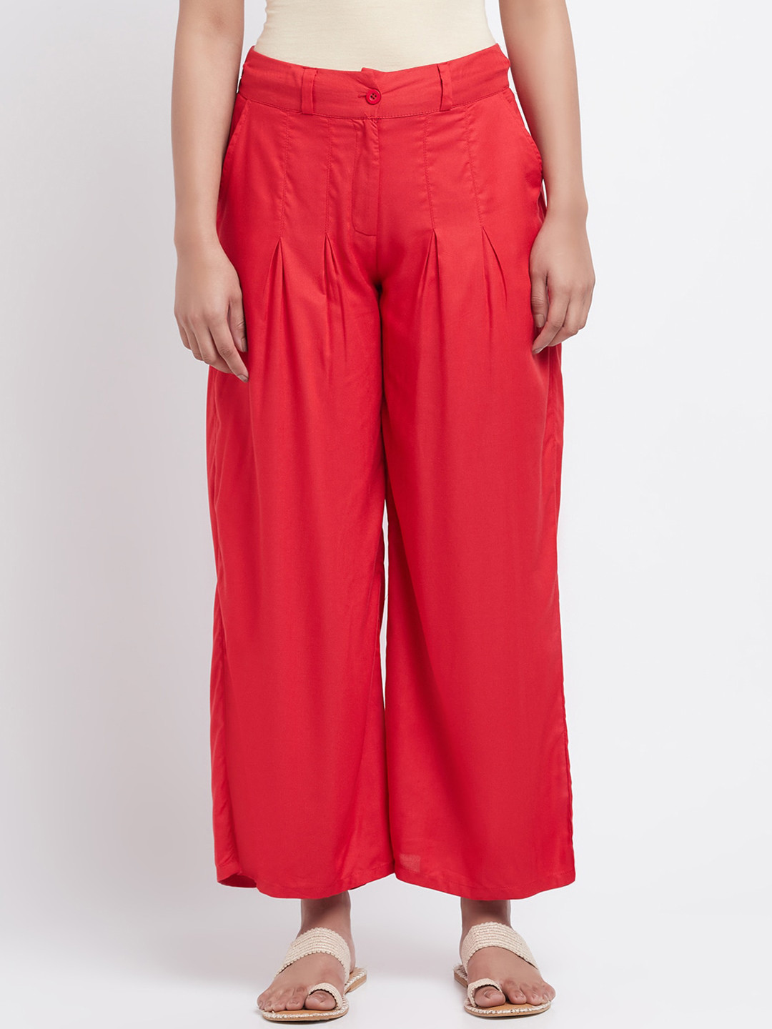 

W Women Red Straight Fit Solid Trousers