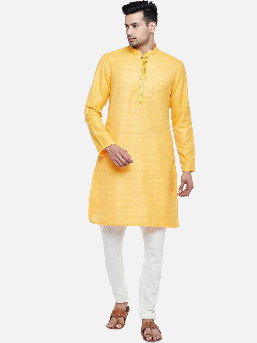 

indus route by Pantaloons Men Mustard Yellow Thread Work Kurta