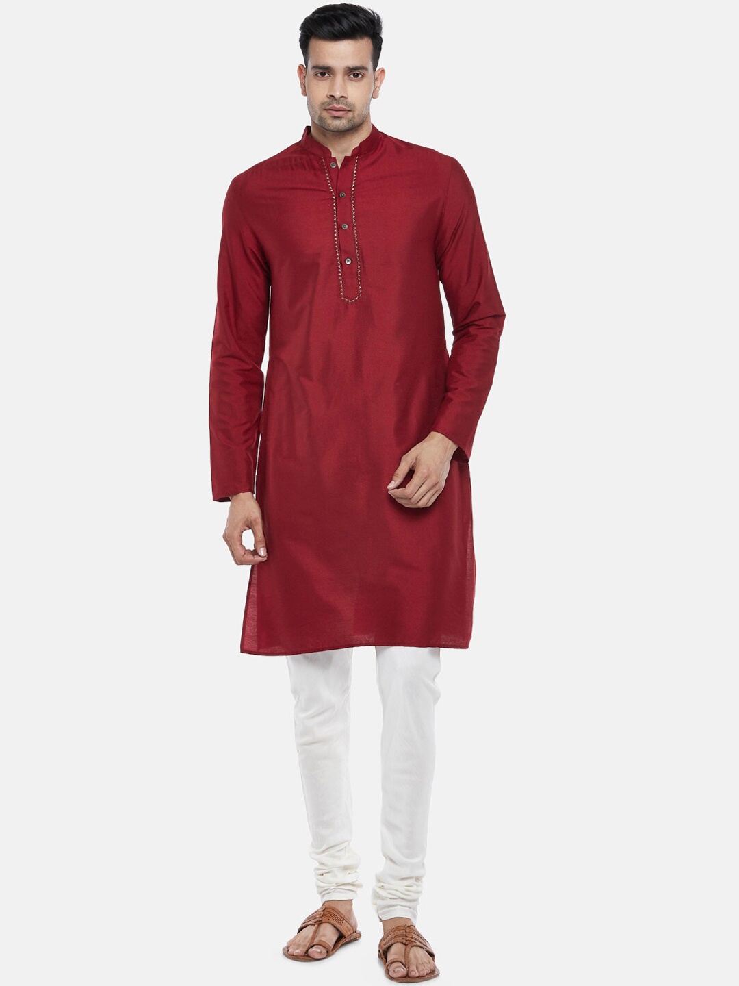 

indus route by Pantaloons Men Maroon Embellished Thread Work Kurta