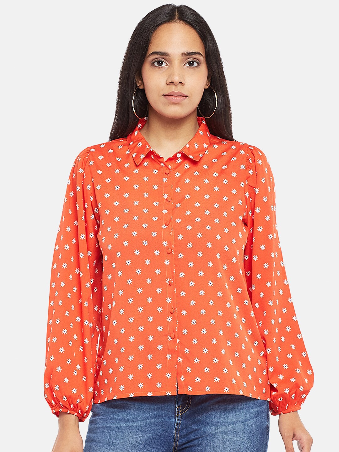 

People Women Orange & White Floral Printed Casual Shirt