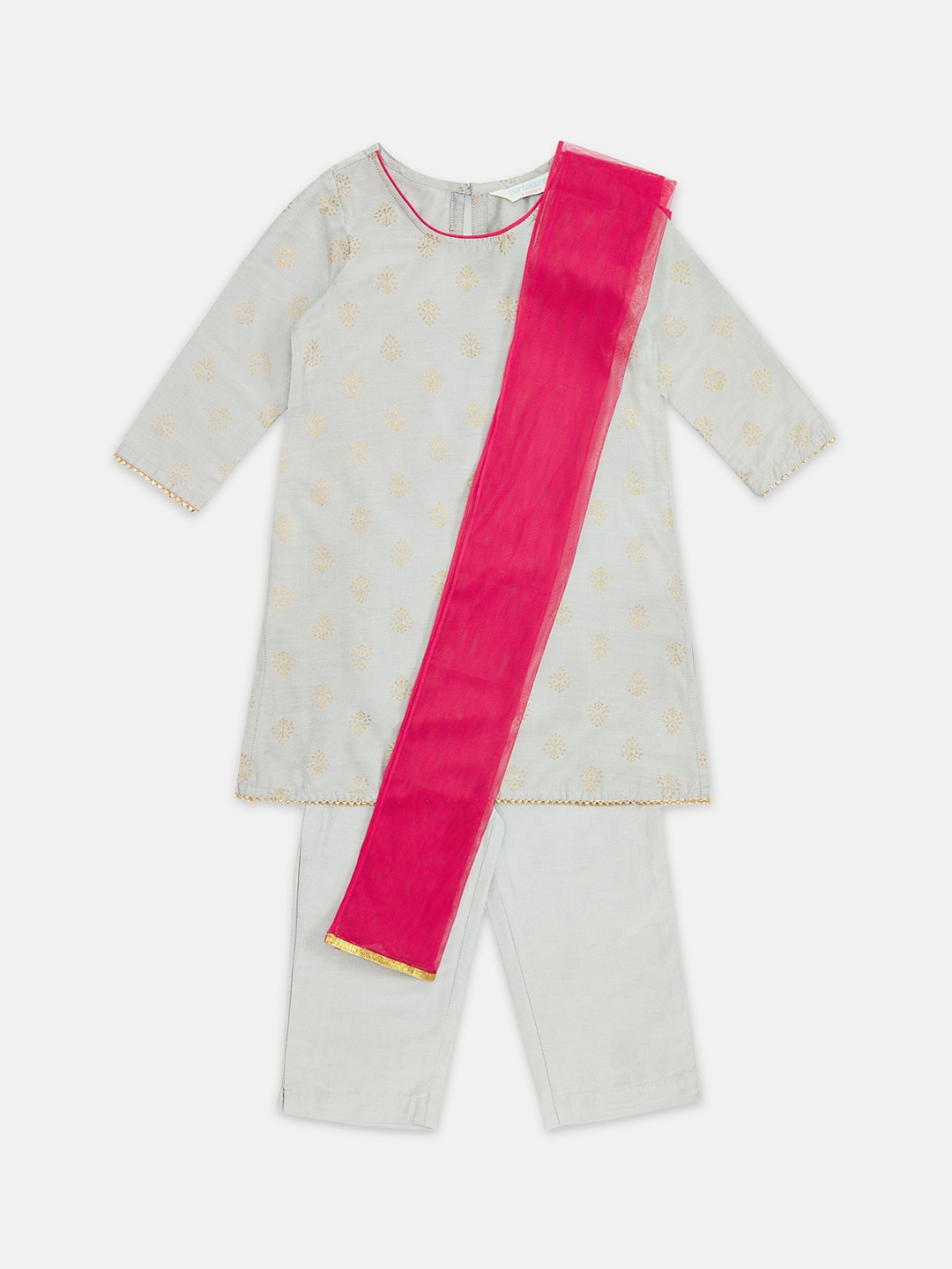 

AKKRITI BY PANTALOONS Girls Silver-Toned Printed Kurti with Pure Cotton Trouser Set
