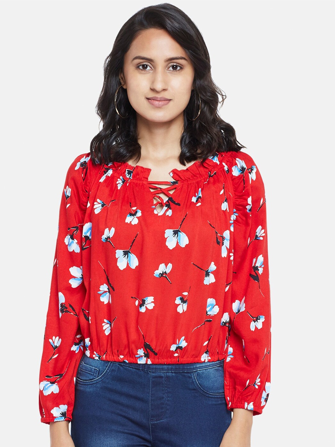 

People Women Red Floral Print Blouson Top