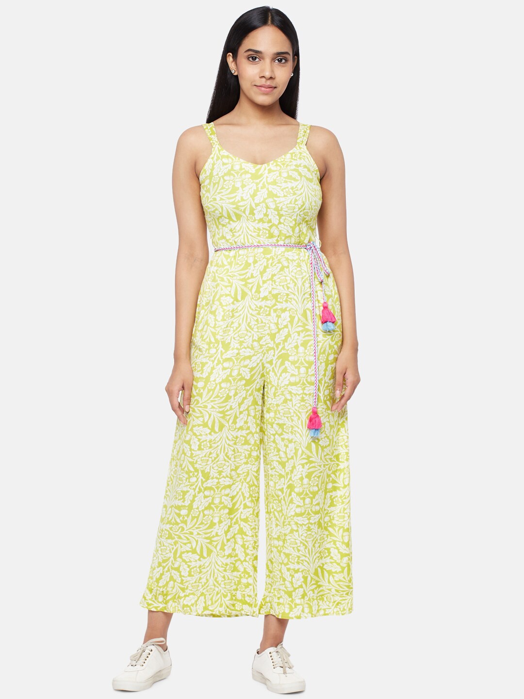 

People Women Yellow & White Printed Basic Jumpsuit