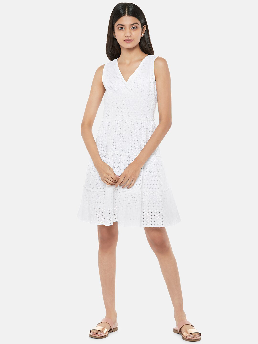 

People Women White Self Designed Cotton A-Line Dress
