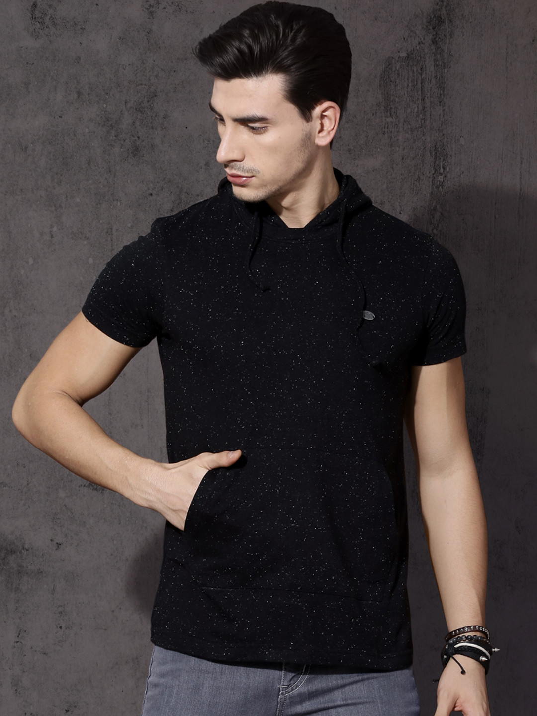 

Roadster Men Black Solid Hooded T-shirt