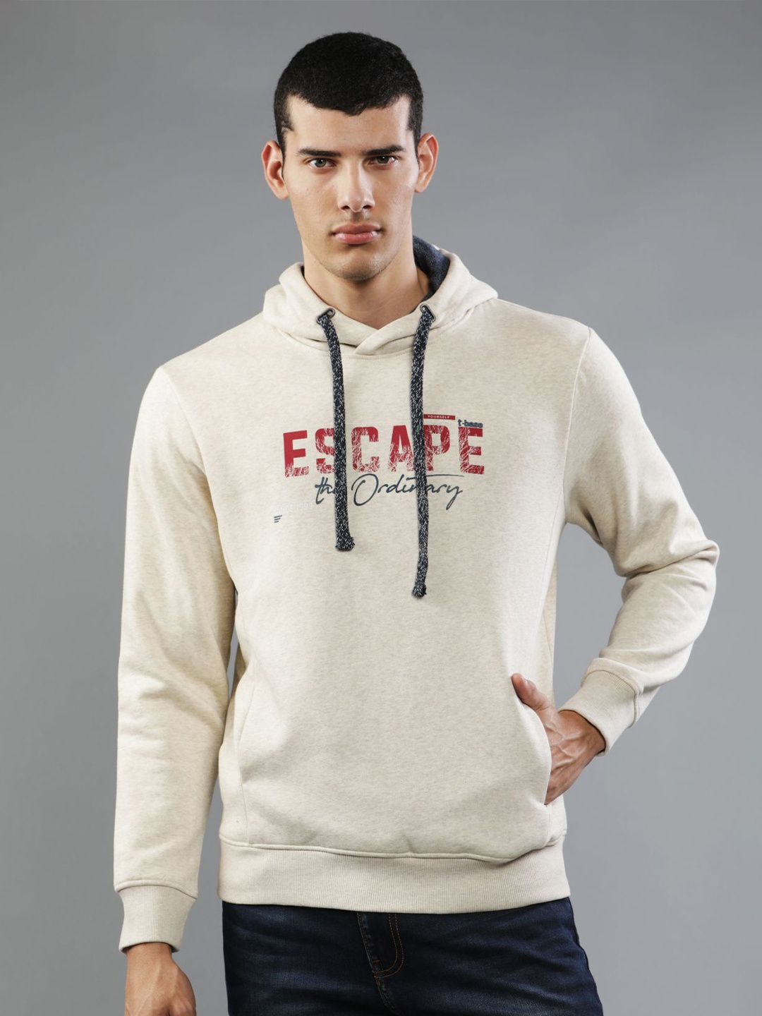 

t-base Men Printed Hooded Sweatshirt, Beige