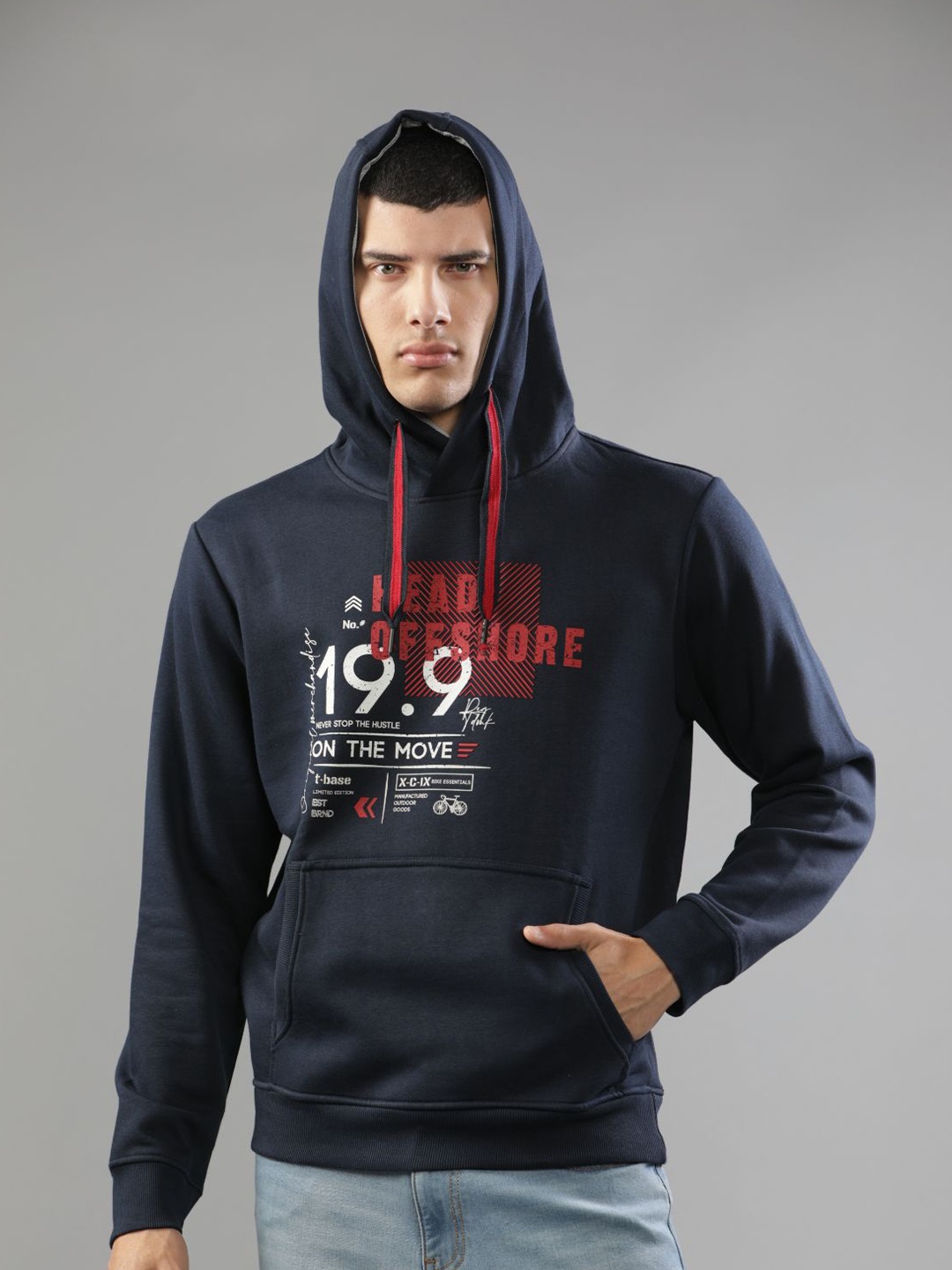 

t-base Men Printed Hooded Sweatshirt, Navy blue